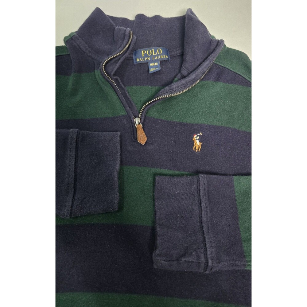 Polo Ralph Lauren Boys M Green Navy Striped 1/4 Zip Pullover Sweater SmallStains